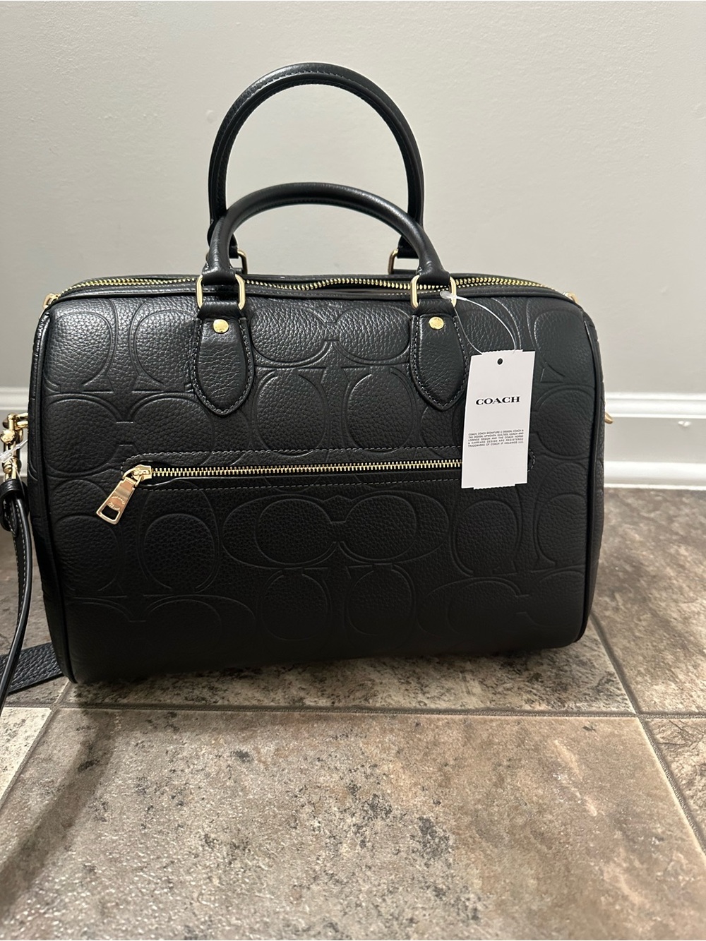 NWT Large Coach Black Embossed Pebbled Leather Satchel with Gold Hardware - Picture 3 of 9